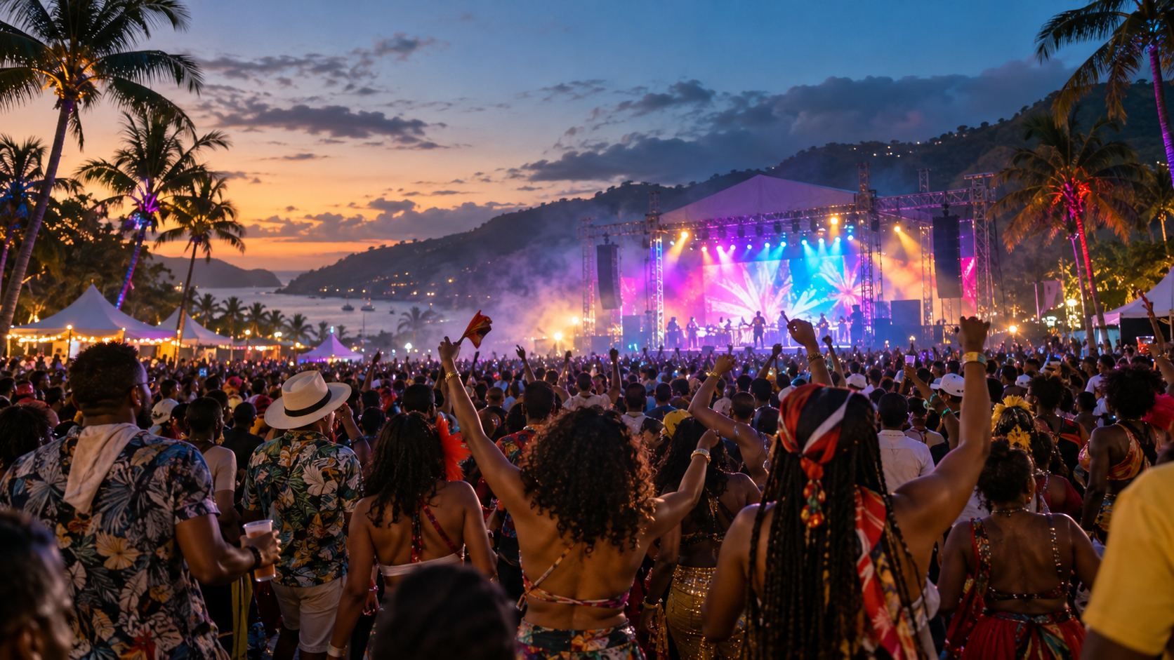 A colourful Caribbean music festival with a crowd enjoying the lights and atmosphere
